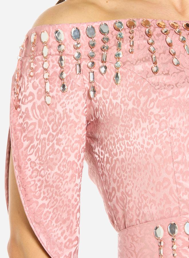 House of Moda Women Embellished Off Shoulder Gown Dress - Image 3